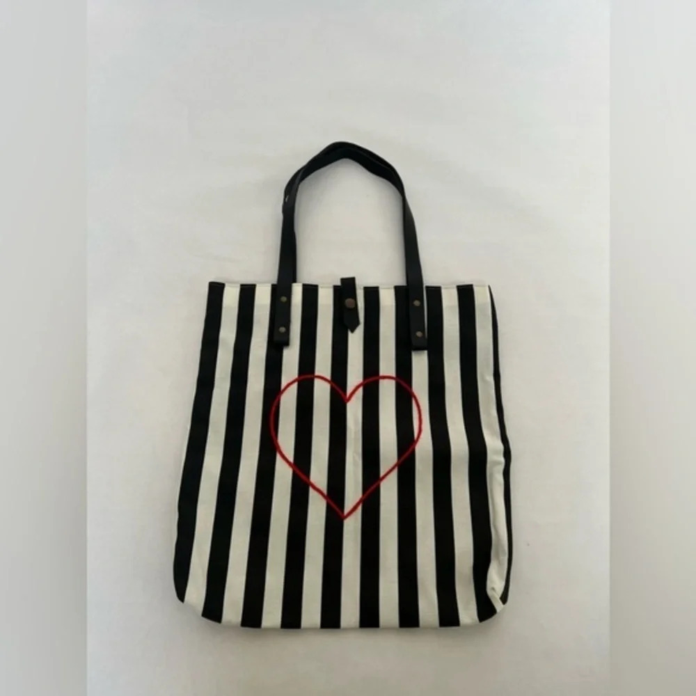 Hand Made Cotton & Leather Embroidered Heart Love Stripped Bag Tote New